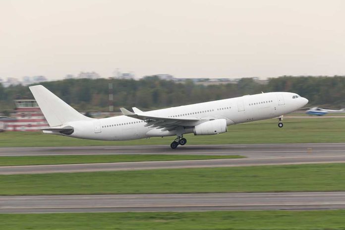 White airplane taking off from a runway.