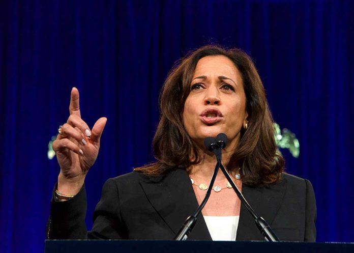 Woman speaking passionately at a podium, gesturing upward.