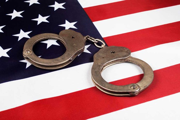 Handcuffs on american flag