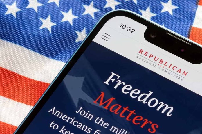 Smartphone and American flag promoting Republican National Committee.