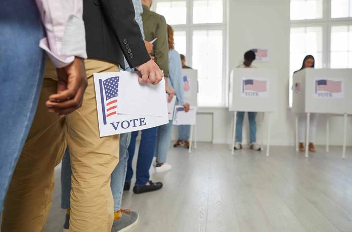 People standing in line holding voting papers.