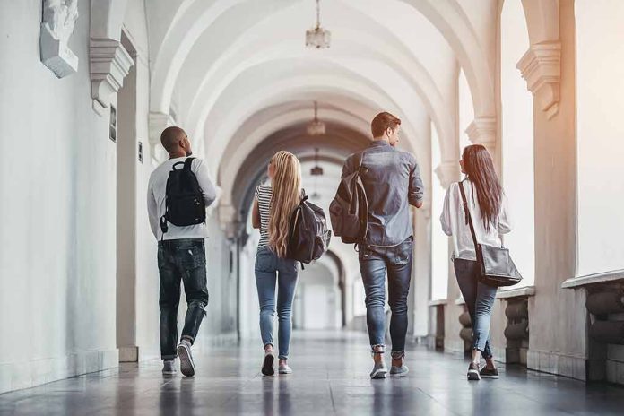 Four students walking in a corridor together.