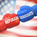 Democrat and Republican Boxing Gloves in Conflict