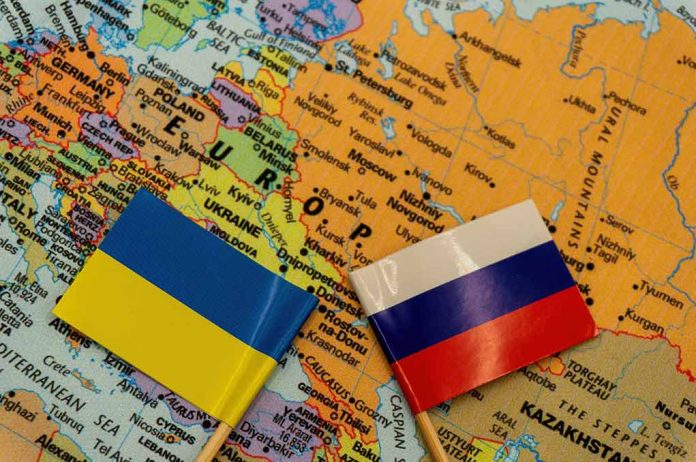 Ukrainian flag and Russian flag on a map