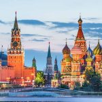 St. Basil's Cathedral and Kremlin at dusk.
