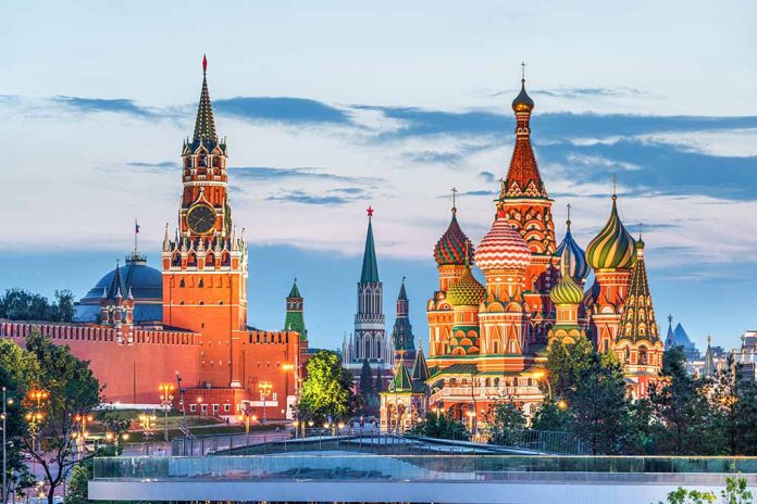 St. Basil's Cathedral and Kremlin at dusk.