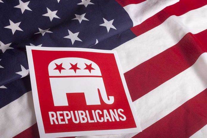 Red Republican elephant sign on U.S. flag.