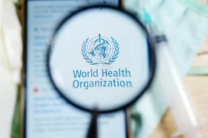 Magnifying glass focused on World Health Organization logo.