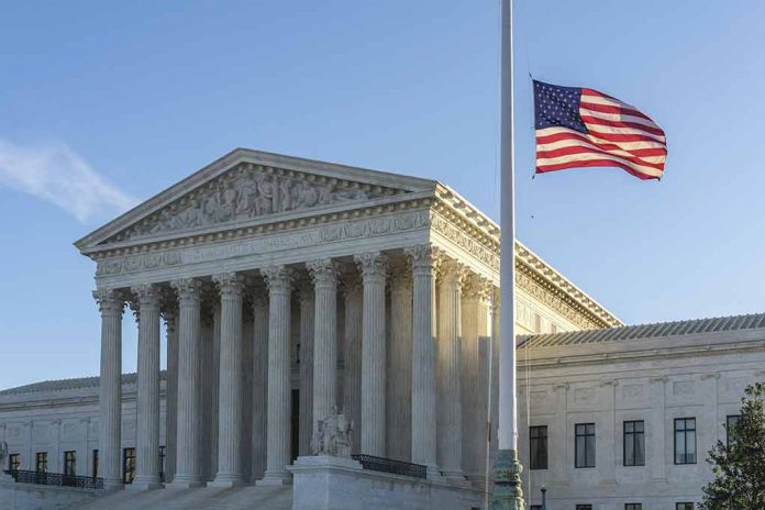 US flag flying outside a neoclassical government building