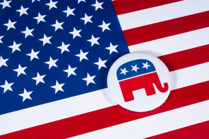 Republican elephant symbol on American flag background