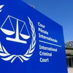 International Criminal Court building with blue signage.