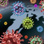 Colorful virus illustrations over a world map