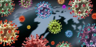 Colorful virus illustrations over a world map