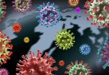 Colorful virus particles on dark map background