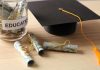 Graduation cap with money rolls and jar labeled Education