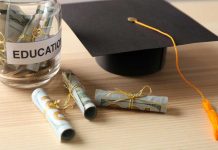 Graduation cap with money rolls and jar labeled Education