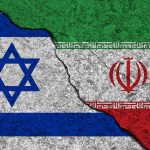 Israeli and Iranian flags divided by a cracked line