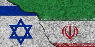 Israeli and Iranian flags divided by a cracked line