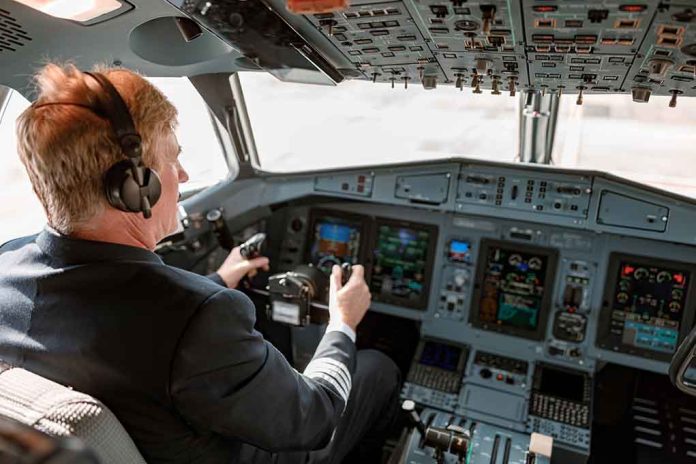 Pilot in cockpit operating airplane controls
