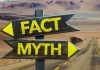 Directional signs labeled Fact and Myth in desert