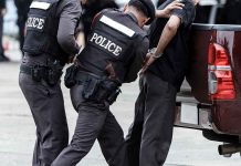 Police officers arresting a handcuffed person