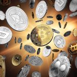 Various cryptocurrencies floating against a golden background