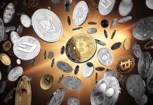 Various cryptocurrencies floating against a golden background