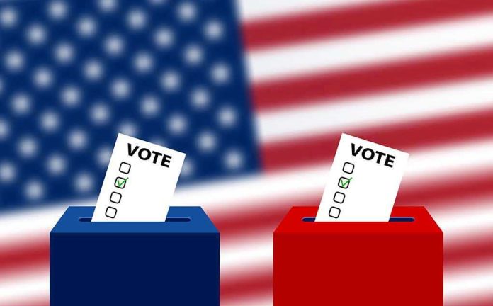 Ballots in boxes with American flag background