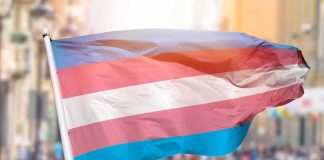 Transgender pride flag waving at outdoor event