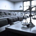 Scales of justice in an empty courtroom.