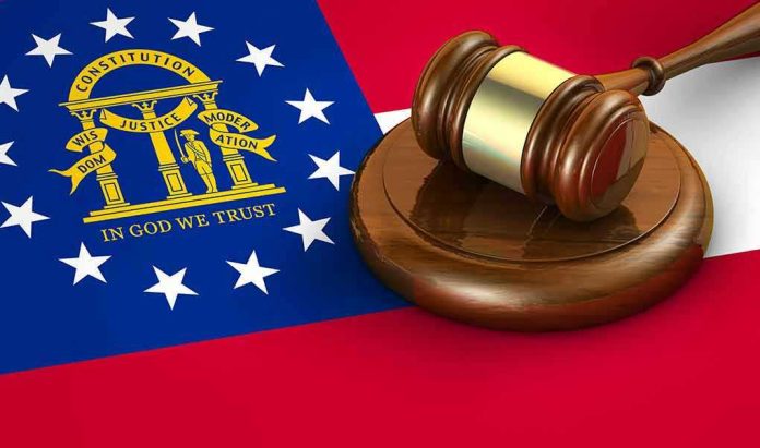 349481612 Georgia flag and judges gavel on wooden base.