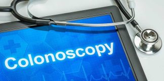 Tablet displaying the word Colonoscopy with a stethoscope beside it