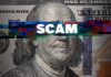 Widow DEVASTATED — Fake Feds Steal Everything Scam text overlaid on distorted 100 dollar bill