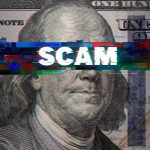 Widow DEVASTATED — Fake Feds Steal Everything Scam text overlaid on distorted 100 dollar bill