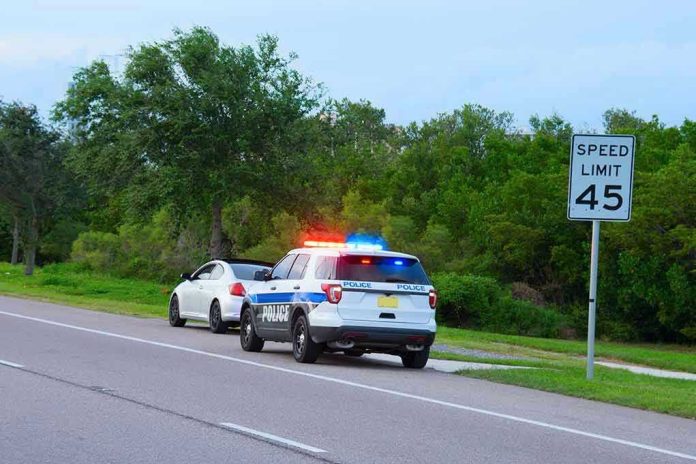 738975676 Police car pulling over a white car