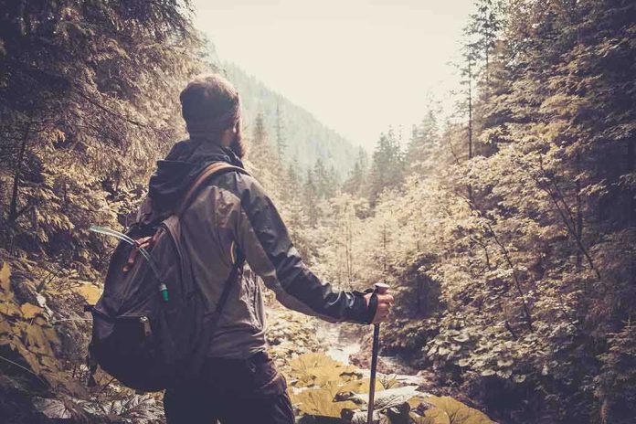 shutterstock_212870275.jpg A hiker standing in a forest, looking at a scenic view of mountains and trees