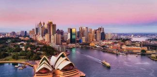 Sydney Opera House and city skyline at sunset.