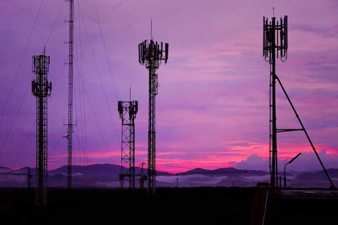 512686384 Cell towers against a purple sunset sky.