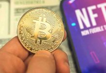 Bitcoin Bloodbath Stuns Wall Street Person holding Bitcoin coin, NFT text on screen.