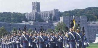 Military cadets marching in formation at West Point