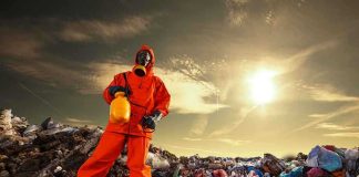 Person in protective gear standing on a landfill with a yellow container