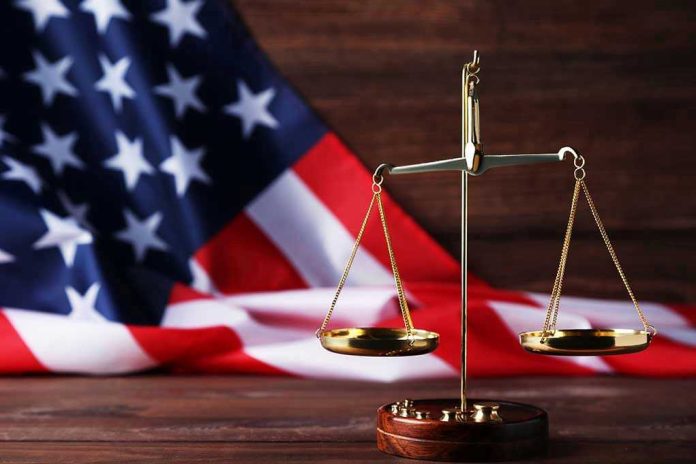 1079617001 Scales of justice with American flag background.