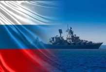 Russia’s NATO Target: Are We Next? Warship overlaid with the Russian flag.