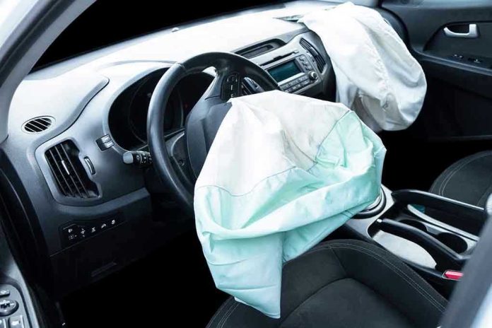 1913751205 Deployed airbags in cars interior.
