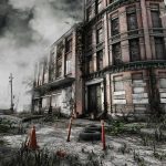 Abandoned building with overgrown plants and construction cones in the foreground