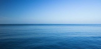 A calm ocean under a clear blue sky