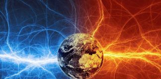 Earth with blue and red electric energy surrounding.