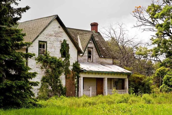 An abandoned house surrounded by overgrown grass and trees