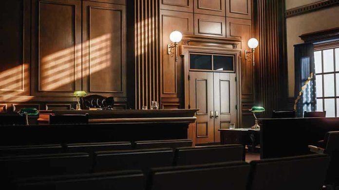 2056420763 Empty courtroom with judges bench and wooden decor.