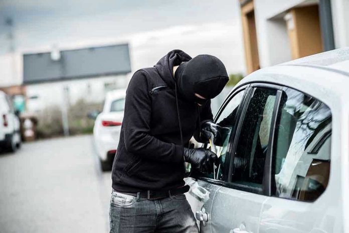 420540250 Person in black breaking into a car.